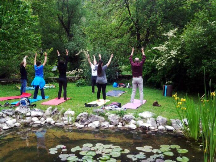 Cinque persone di spalle che praticano Yoga in mezzo al verde e al silenzio