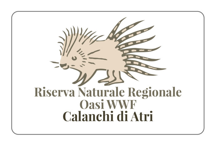 Un istrice marroncino con in basso la scritta Riserva Naturale Regionale Oasi WWF Calanchi Atri in marrone