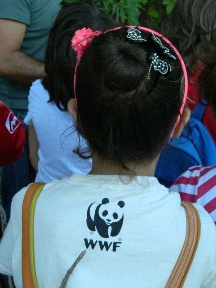 Una bambina di spalle con il panda simbolo del WWF
